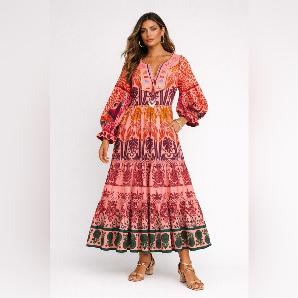 Farm Rio Pink Anika Macaws Maxi Dress XL Tropical Resort Boho Luxury